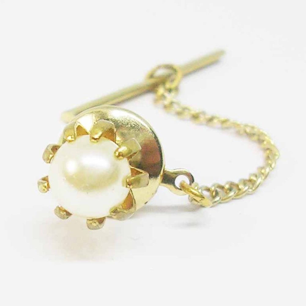Vintage Tie Tack with Chain Faux Pearl Tie Pin Formal Wear Wedding Accessory